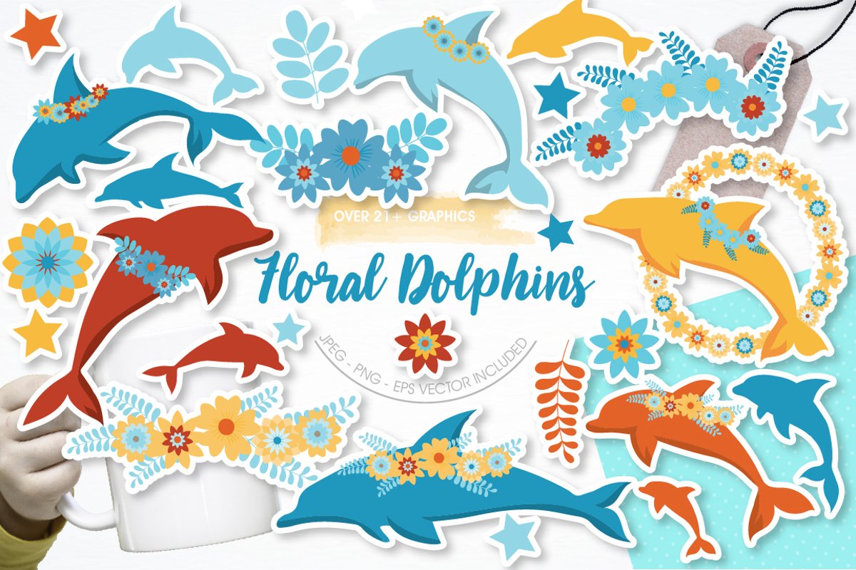 Floral Dolphins graphics and illustrations example image 1