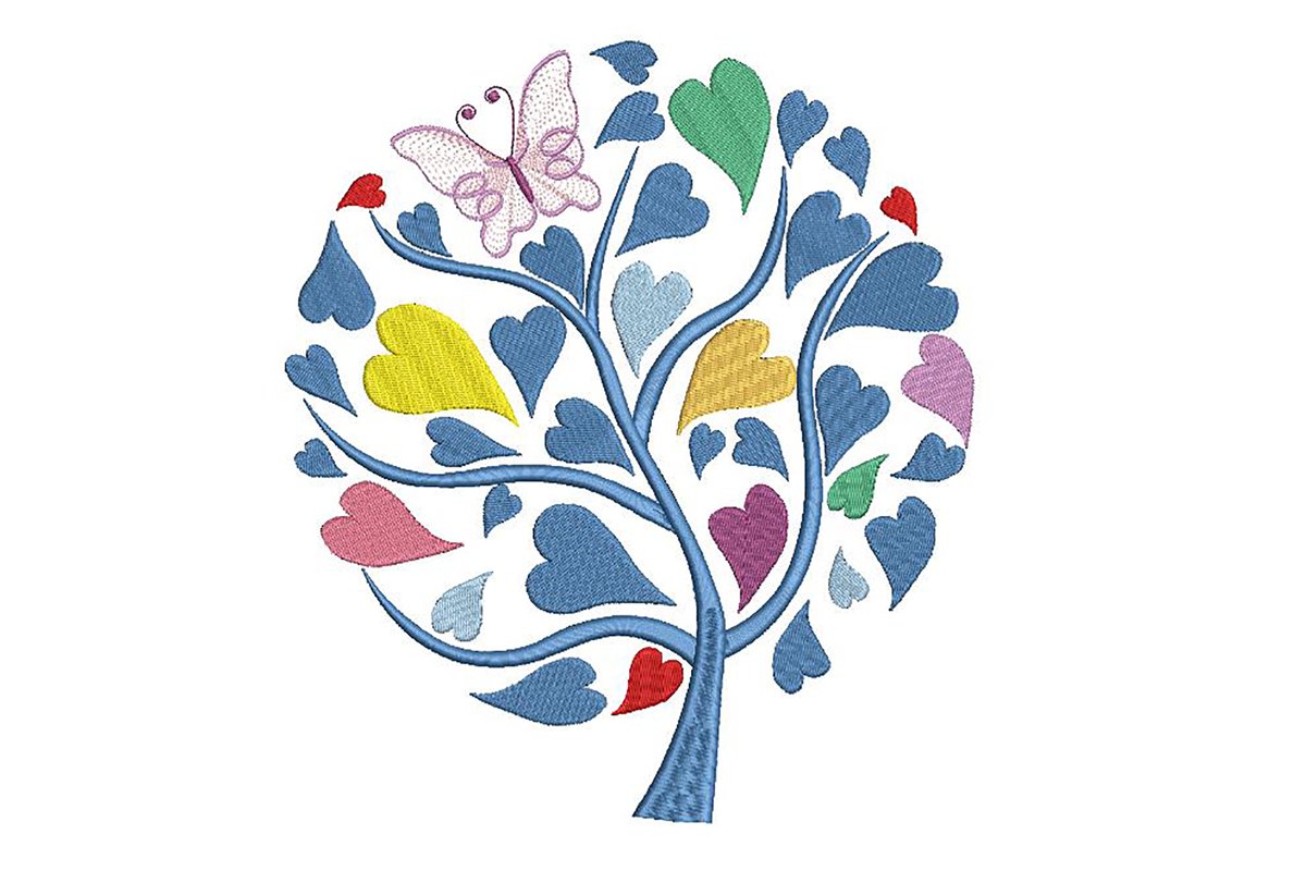 Tree embroidery design with heart shaped leaves, 3 sizes example image 1