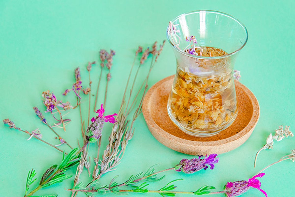 Cup of herbal tea with chamomile flowers. example image 1