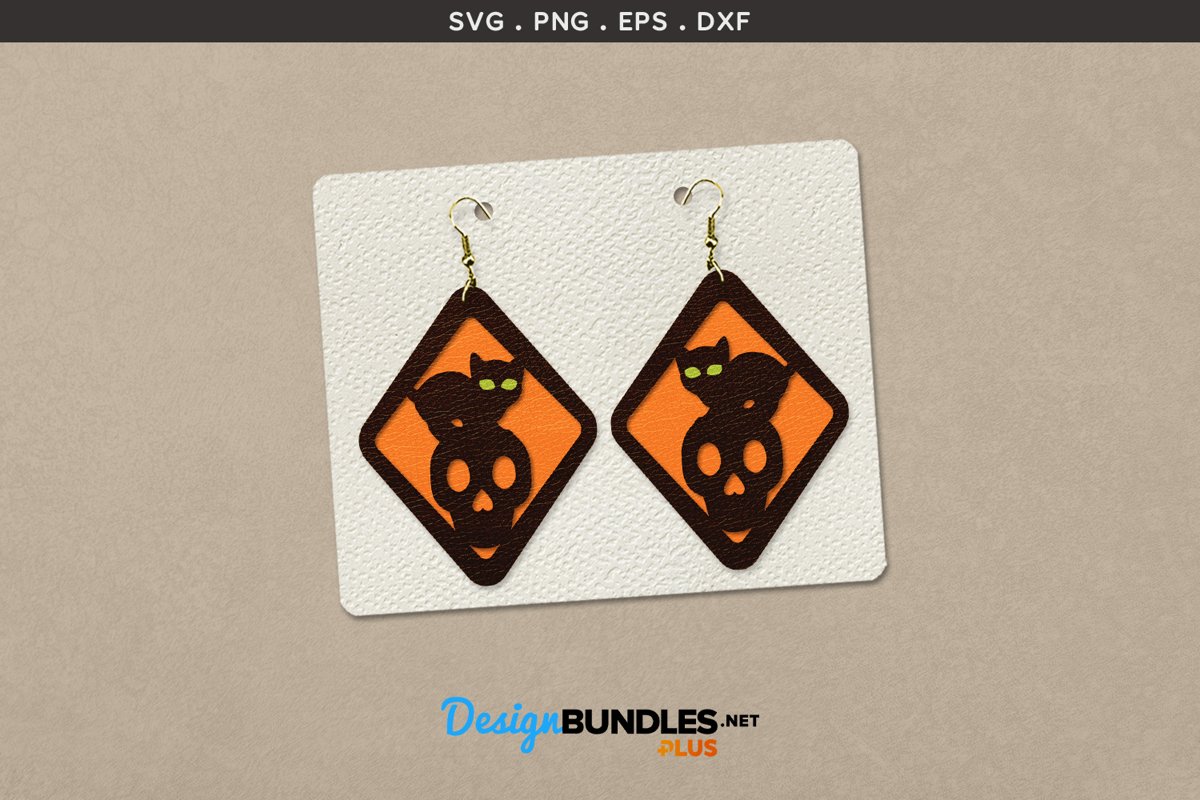 Halloween Earrings Template | Black cat on skull example image 1