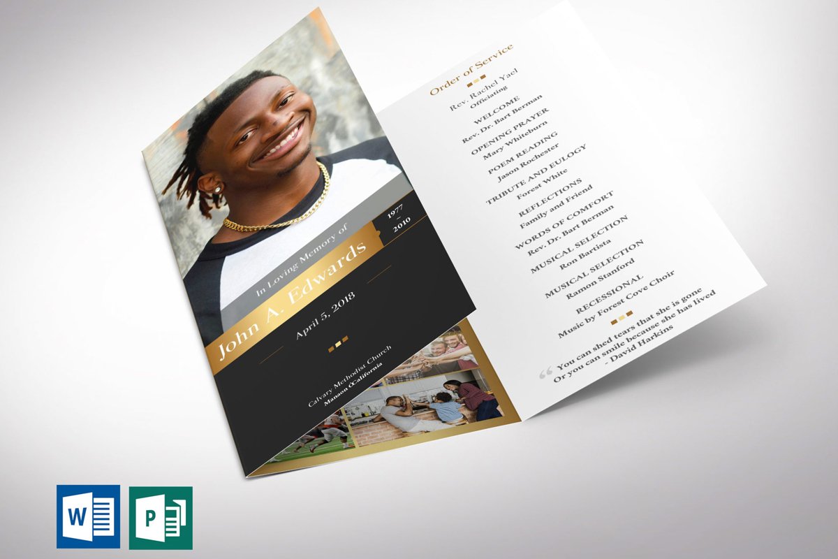 Gold Funeral Program Tri-fold Word Publisher Template example image 1