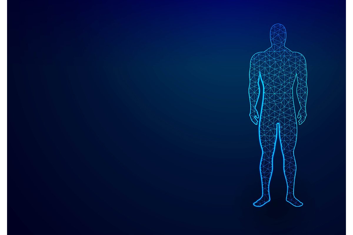 human body in virtual reality. Medical blue print scanned 3D example image 1