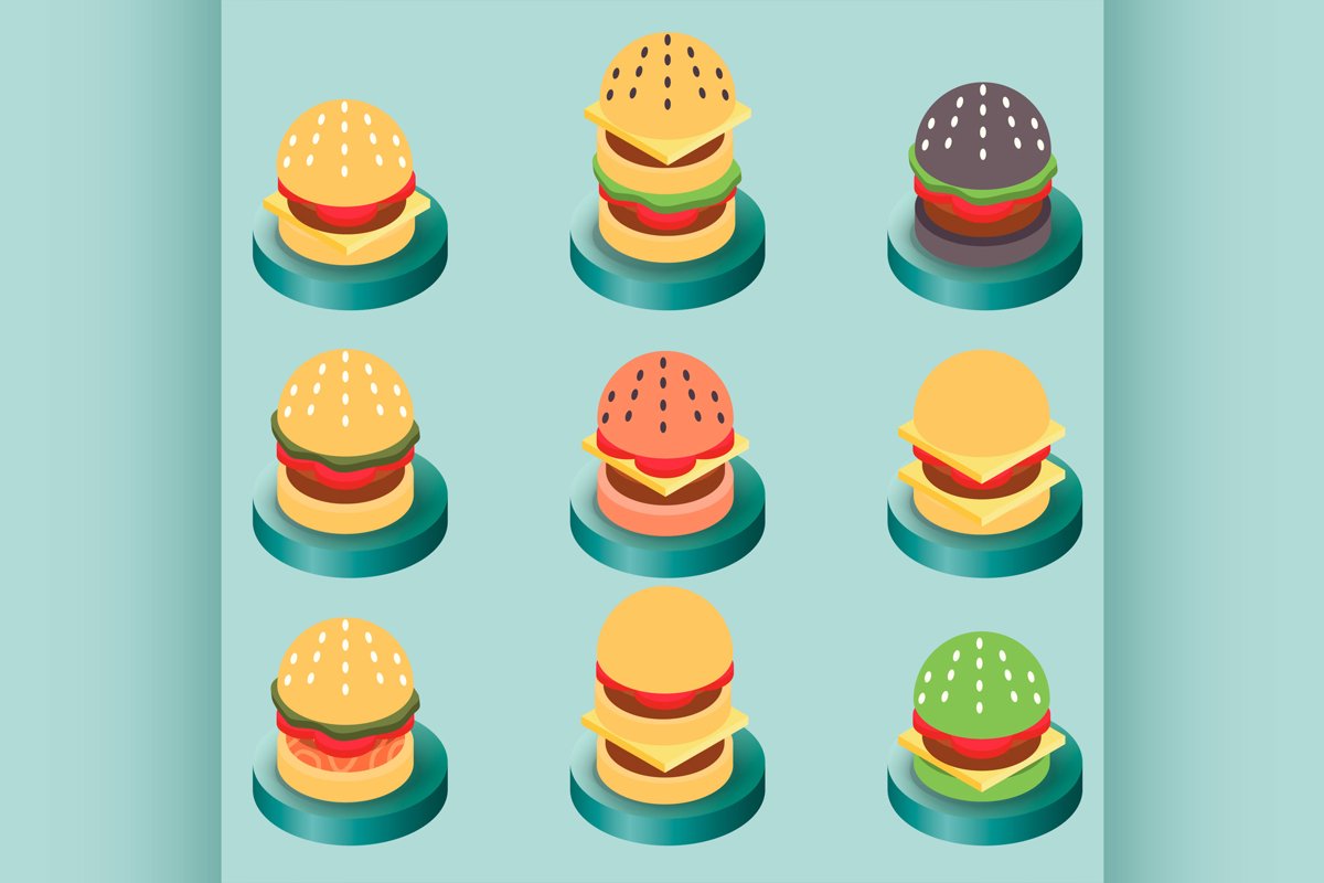 Burgers color isometric icons example image 1