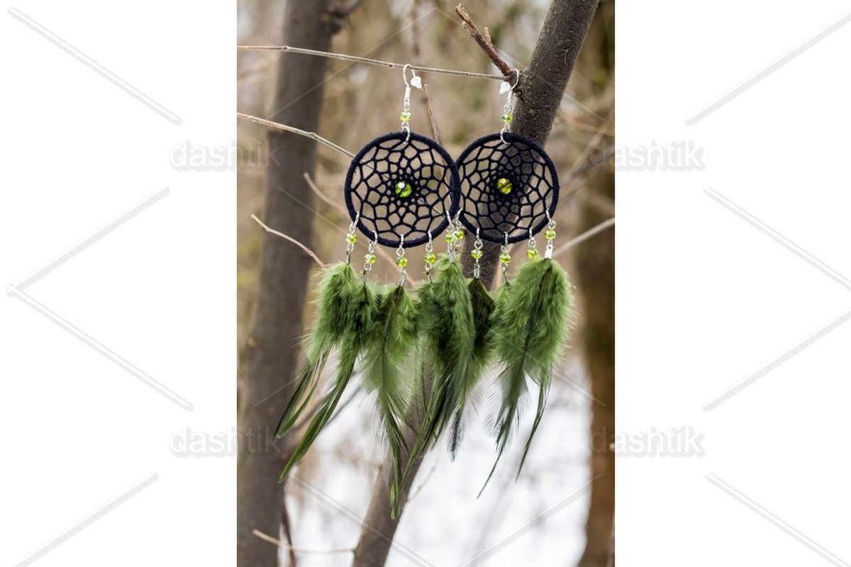earrings of Dream catcher with feathers threads and beads example image 1
