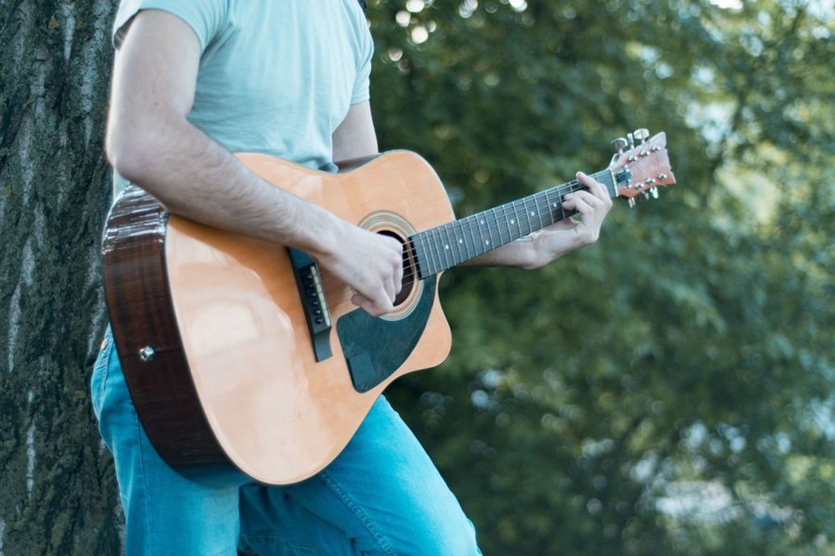 Man plays on acoustic guitar in park example image 1