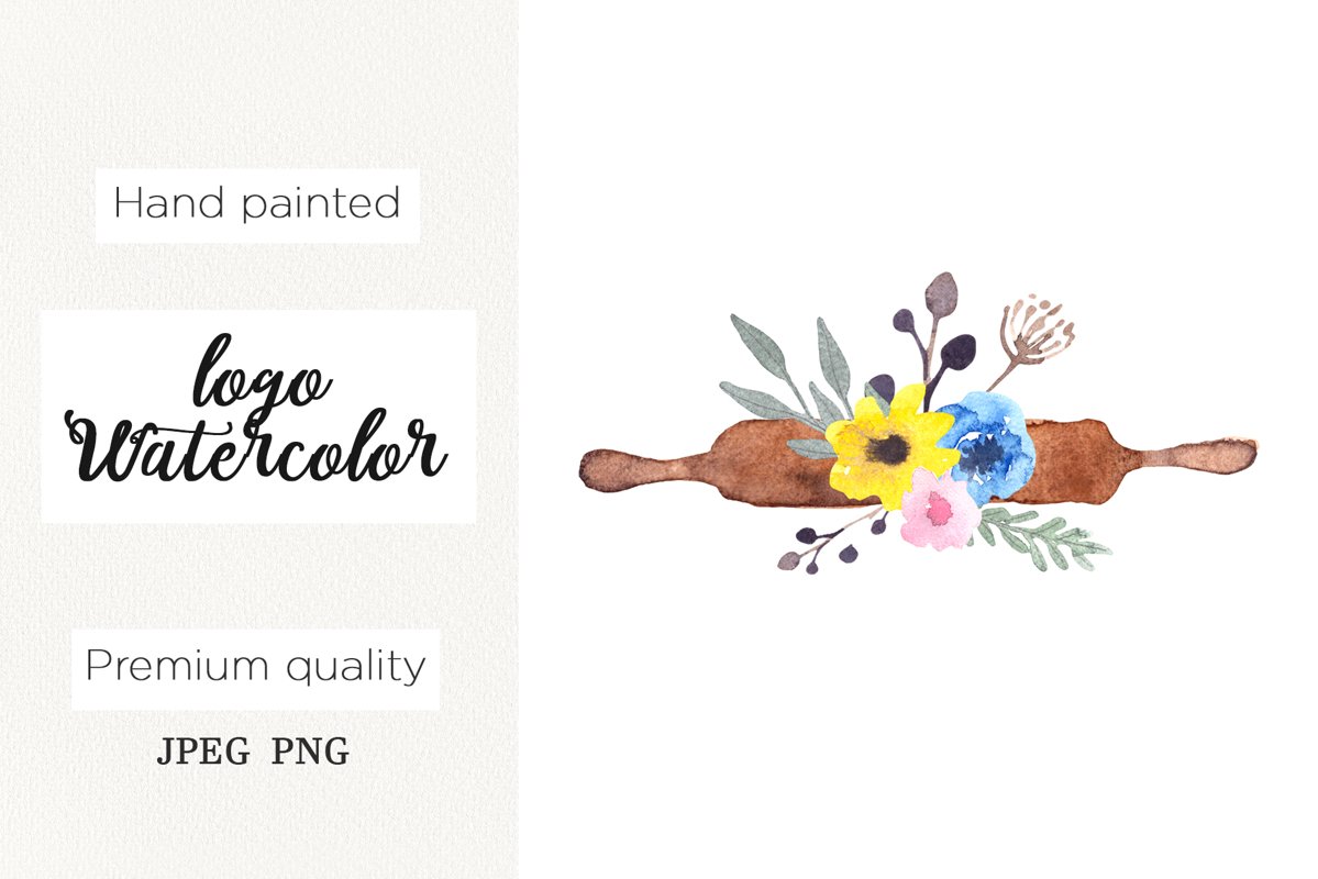 Watercolor logo rolling pin for bakery, cooking clipart example image 1