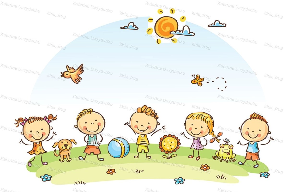 Happy cartoon kids outdoors on a green meadow example image 1