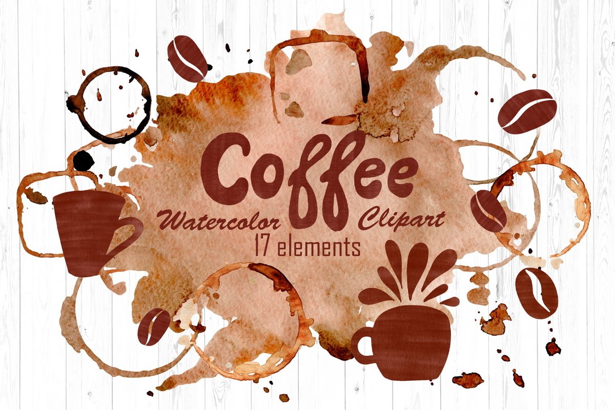 Watercolor Coffee Clipart - Mugs, Beans, Textures, Stains example image 1