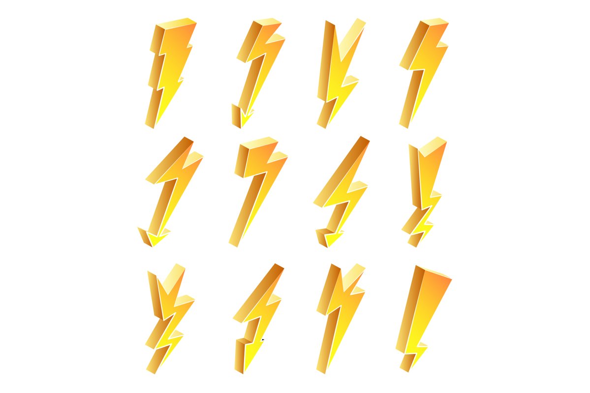 3D Lightning Icons Vector Set. Cartoon Yellow Lightning example image 1