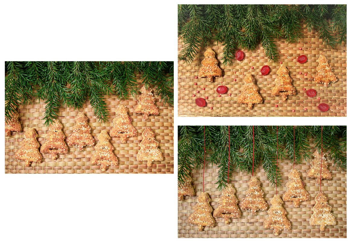 Set 3 Christmas tree shaped cookie on wicker background example image 1