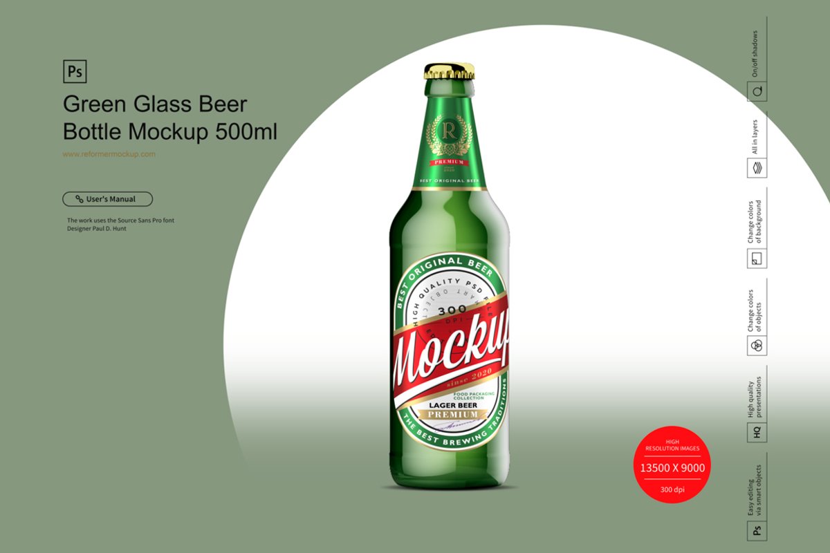 Green Glass Beer Bottle Mockup 500ml example image 1
