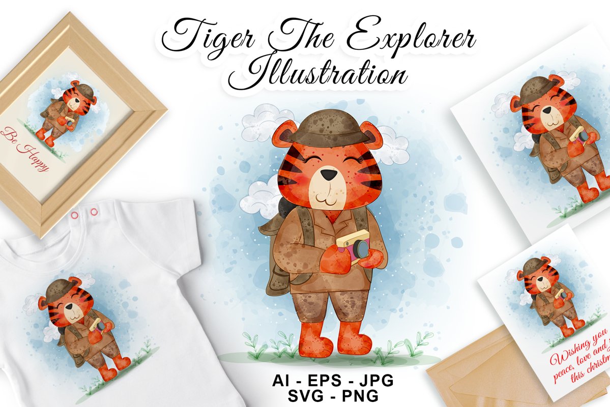 Tiger The Explorer Watercolor Illustration example image 1