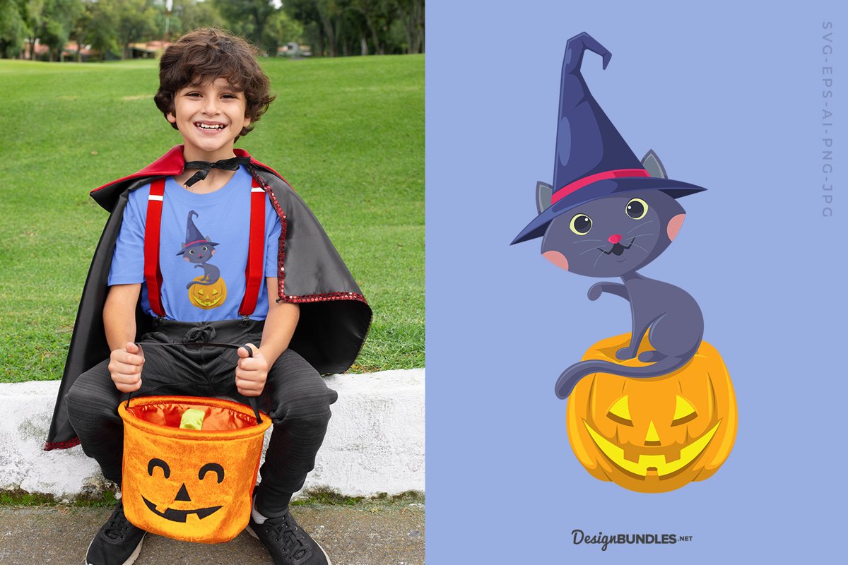 Wizard Cat Sitting On Pumpkin illustration example image 1