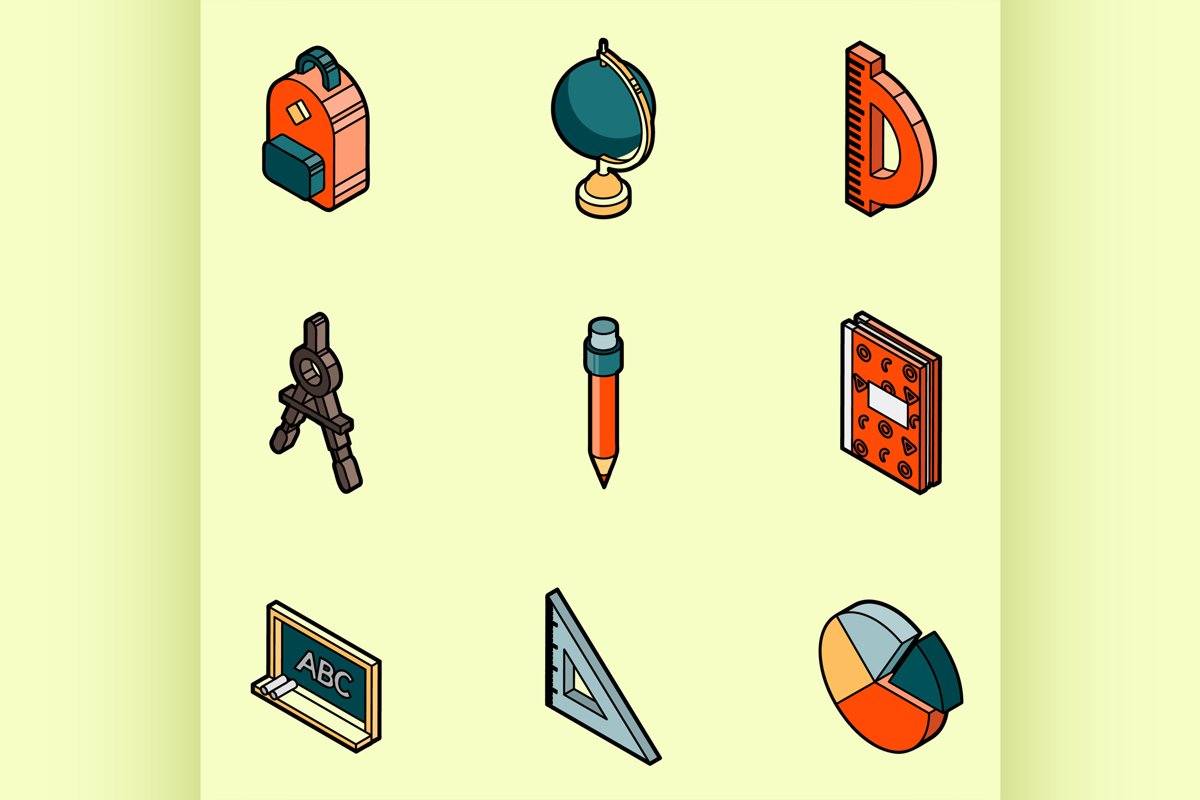 School color outline isometric icons example image 1