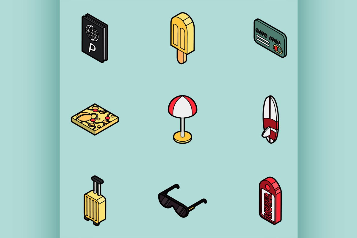 Tourism color outline isometric icons example image 1