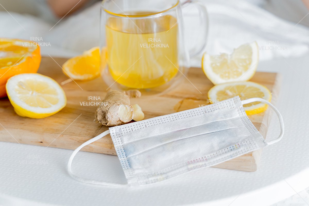 Cup of flu drugs, kids face mask. Tea, orange,lemon,ginger example image 1