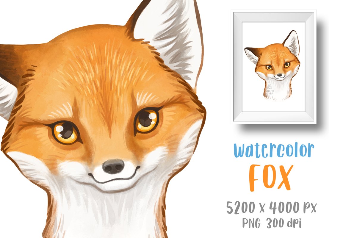 Baby fox drawing Watercolor art Forest animal clipart PNG example image 1
