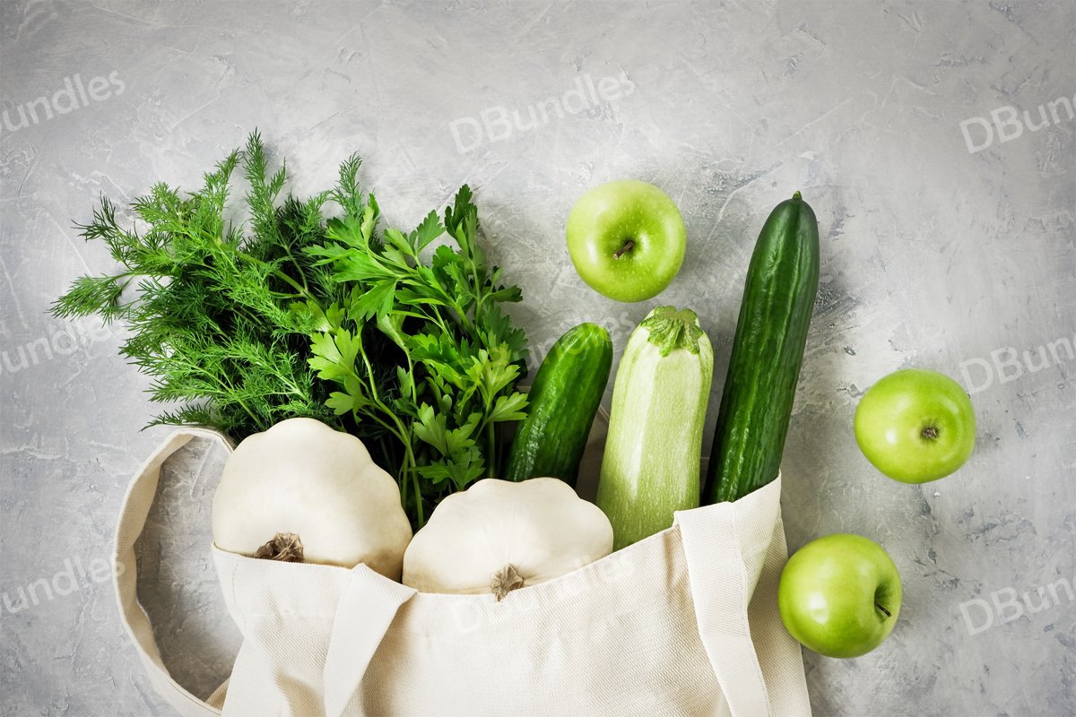 Fresh vegetables and fruits, greenery in a reusable bag example image 1
