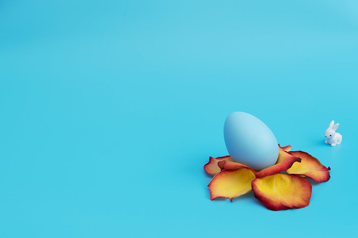 Blue Easter egg stands in yellow flower made of rose petals example image 1