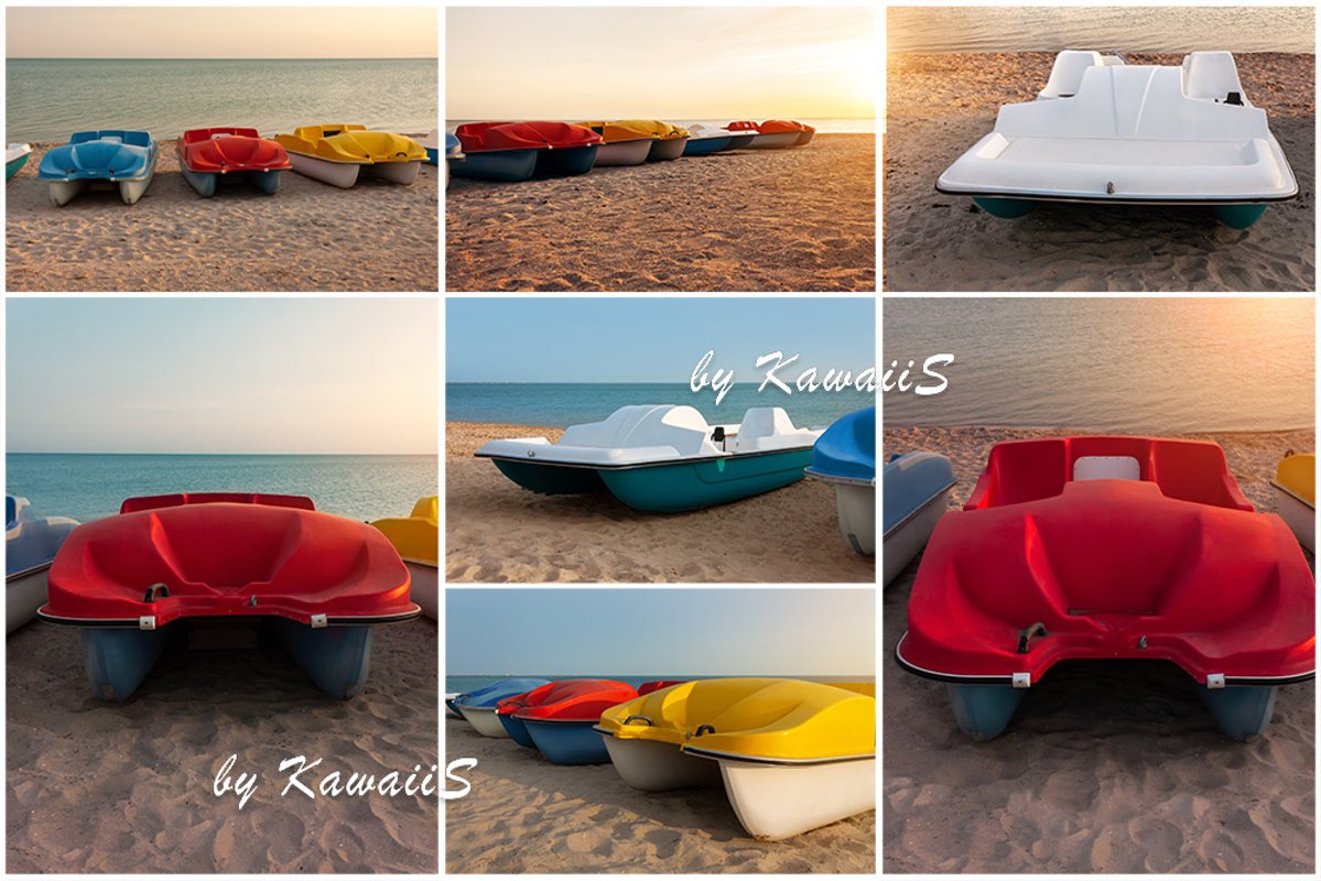 Colorful catamarans pedal boats on the sunset on a sea beach example image 1