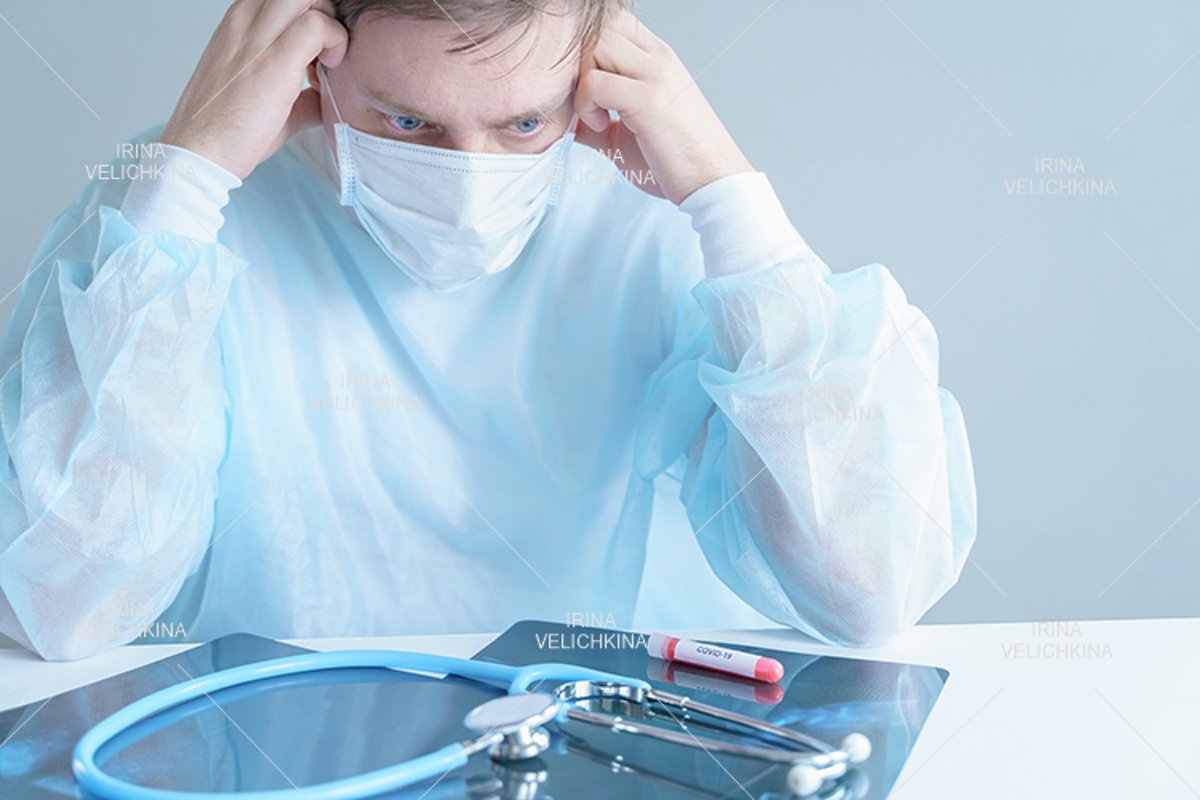 Doctor, patient in medical disposable hat, robe. Face mask example image 1