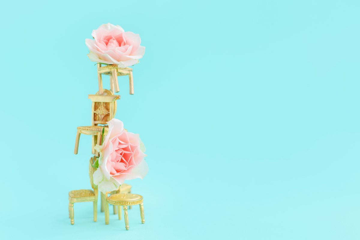Small toy golden retro chairs.Rose flower.Blue greeting card example image 1
