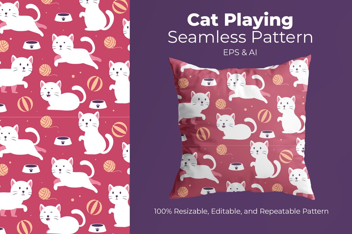 Cat Playing - Seamless Pattern example image 1