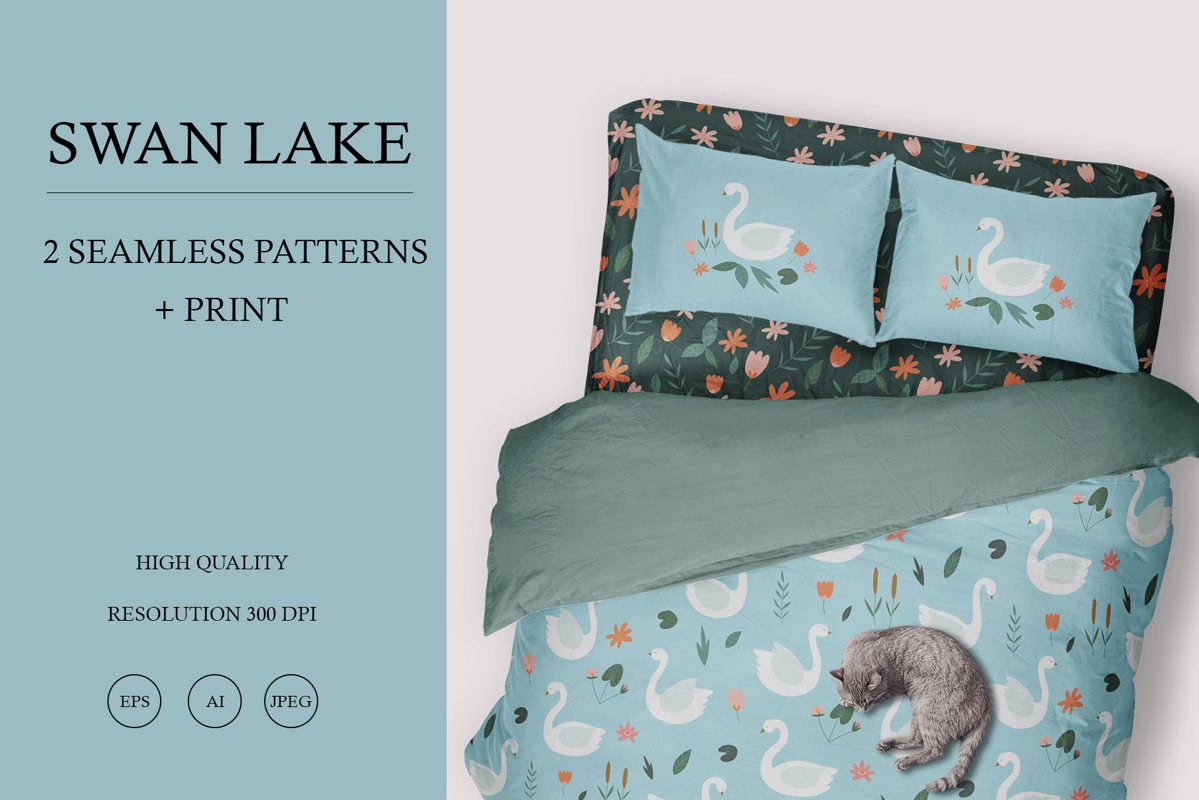 Swan lake. Vector seamless pattern with swans and flowers. example image 1