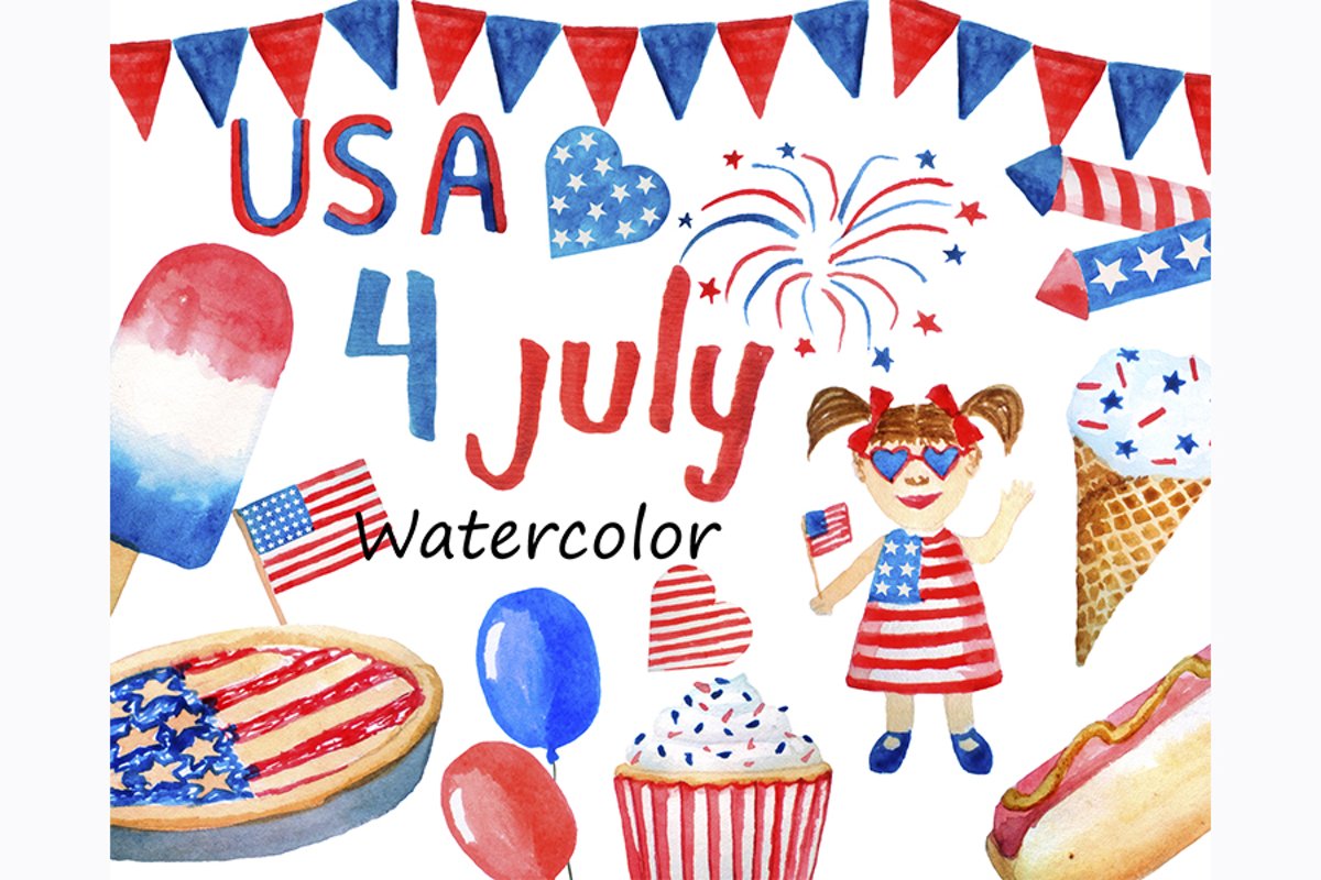 Watercolor 4th of July USA Patriotic Clipart png example image 1