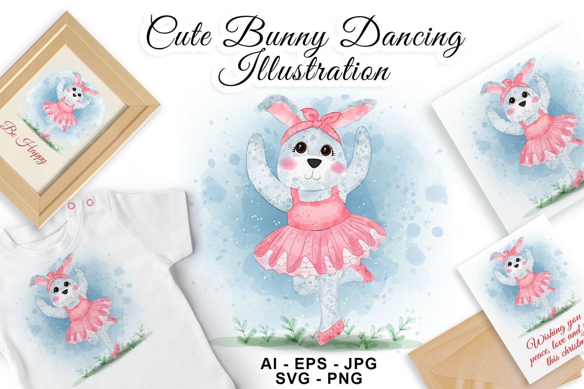Cute Bunny Dancing Ballerina Watercolor Illustration example image 1