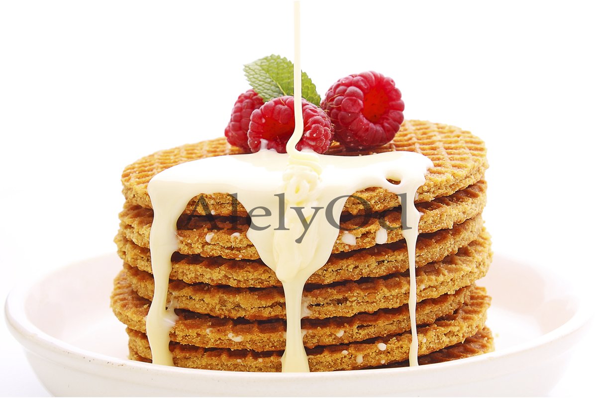 Breakfast waffles with raspberries and syrup, decorated wit example image 1
