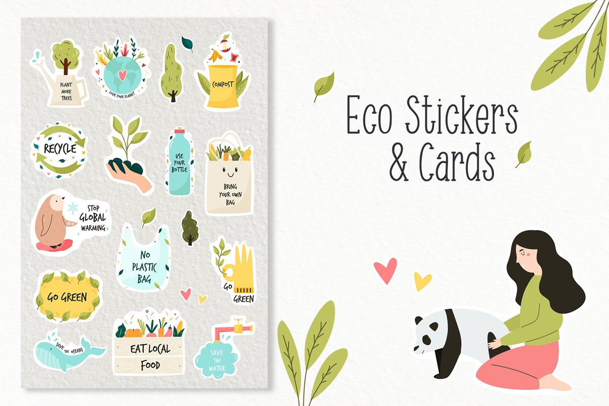 Eco friendly set of cute vector stickers, cards and patter (777264