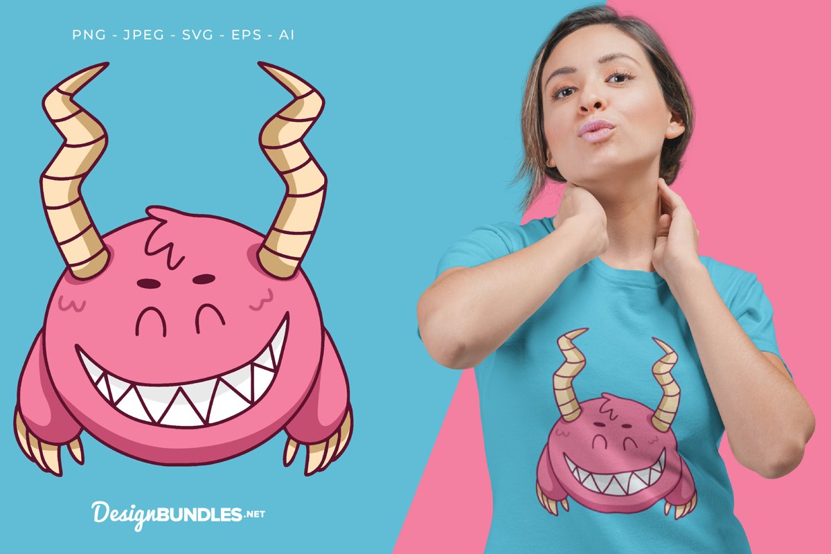 Smiling Pink Horned Monster Vector Illustration For T-Shirt example image 1