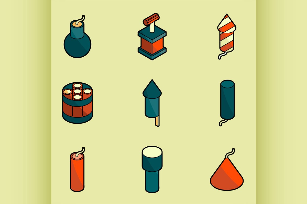 Pyrotechnics color outline isometric icons example image 1