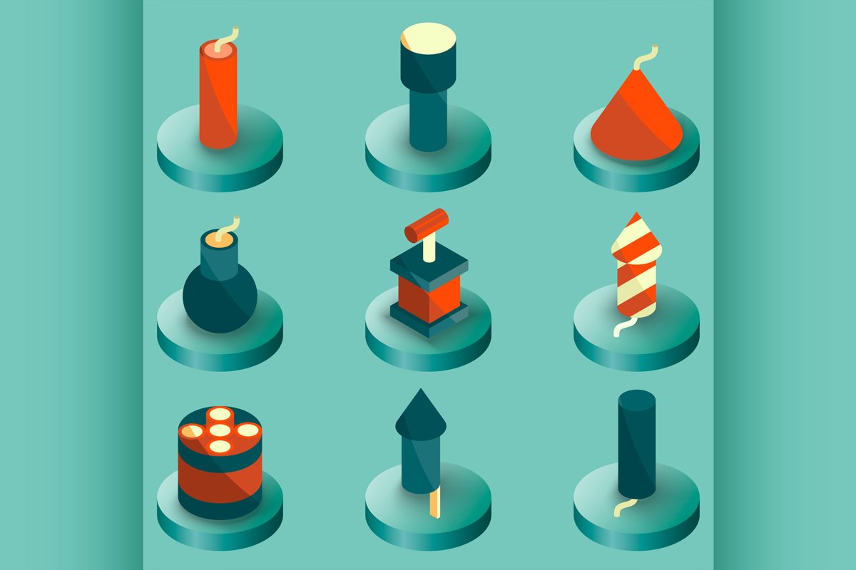 Pyrotechnics color isometric icons example image 1
