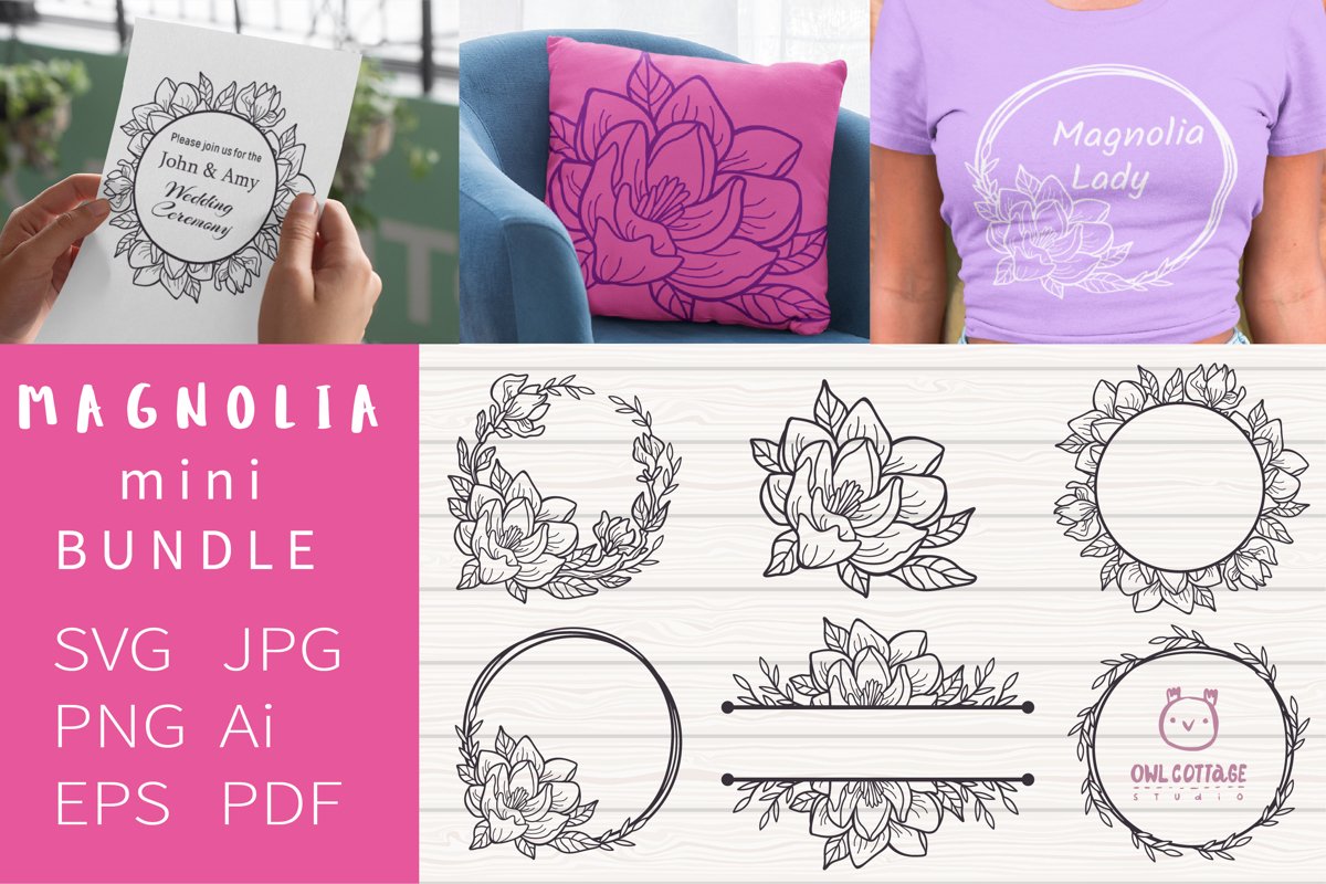 Magnolia mini Bundle SVG, Floral Monograms Cut Files, Weddin example image 1