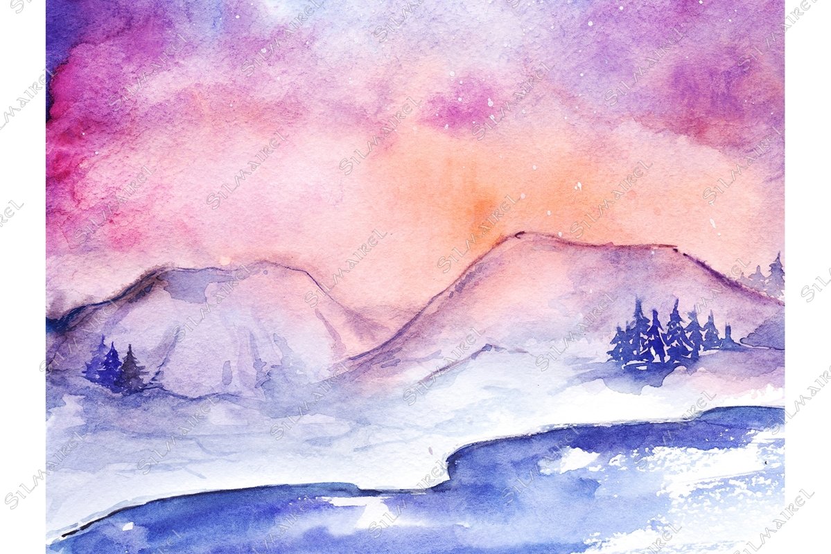 Watercolor northern lights nature snow winter landscape example image 1