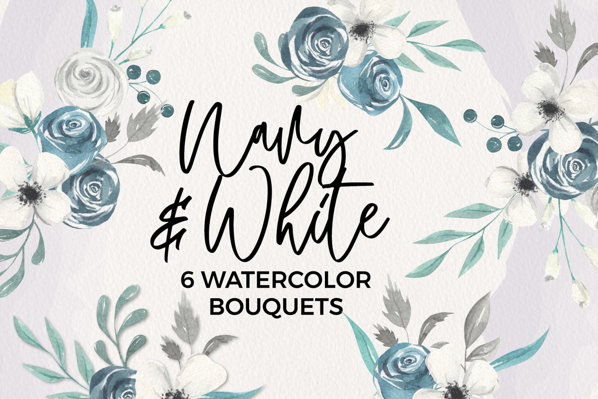 Navy & White Florals 6 Bouquets Watercolor Blooms Flowers example image 1