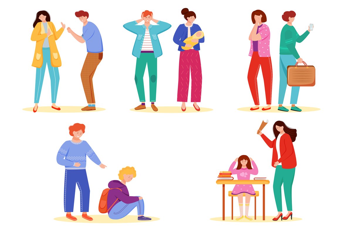 Trouble relationship flat vector illustrations set example image 1
