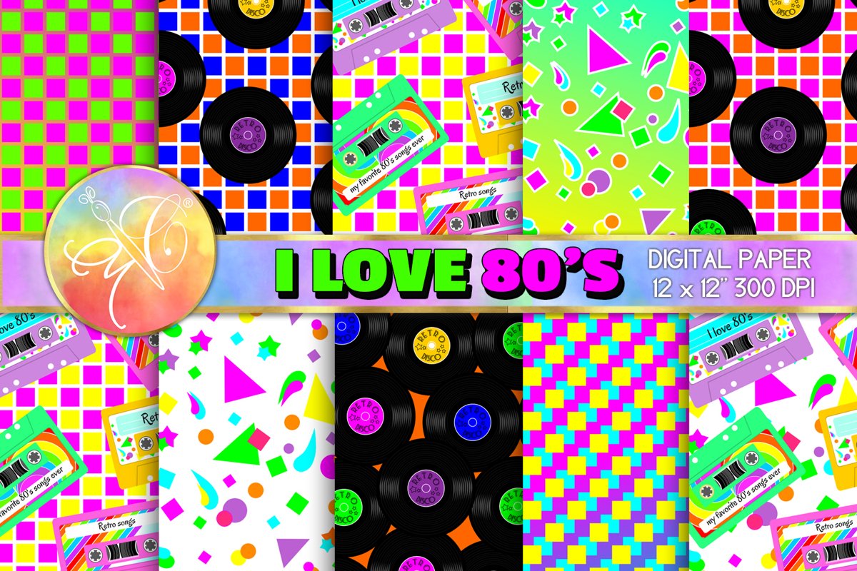 I LOVE 80's Digital Paper, Digital Background example image 1