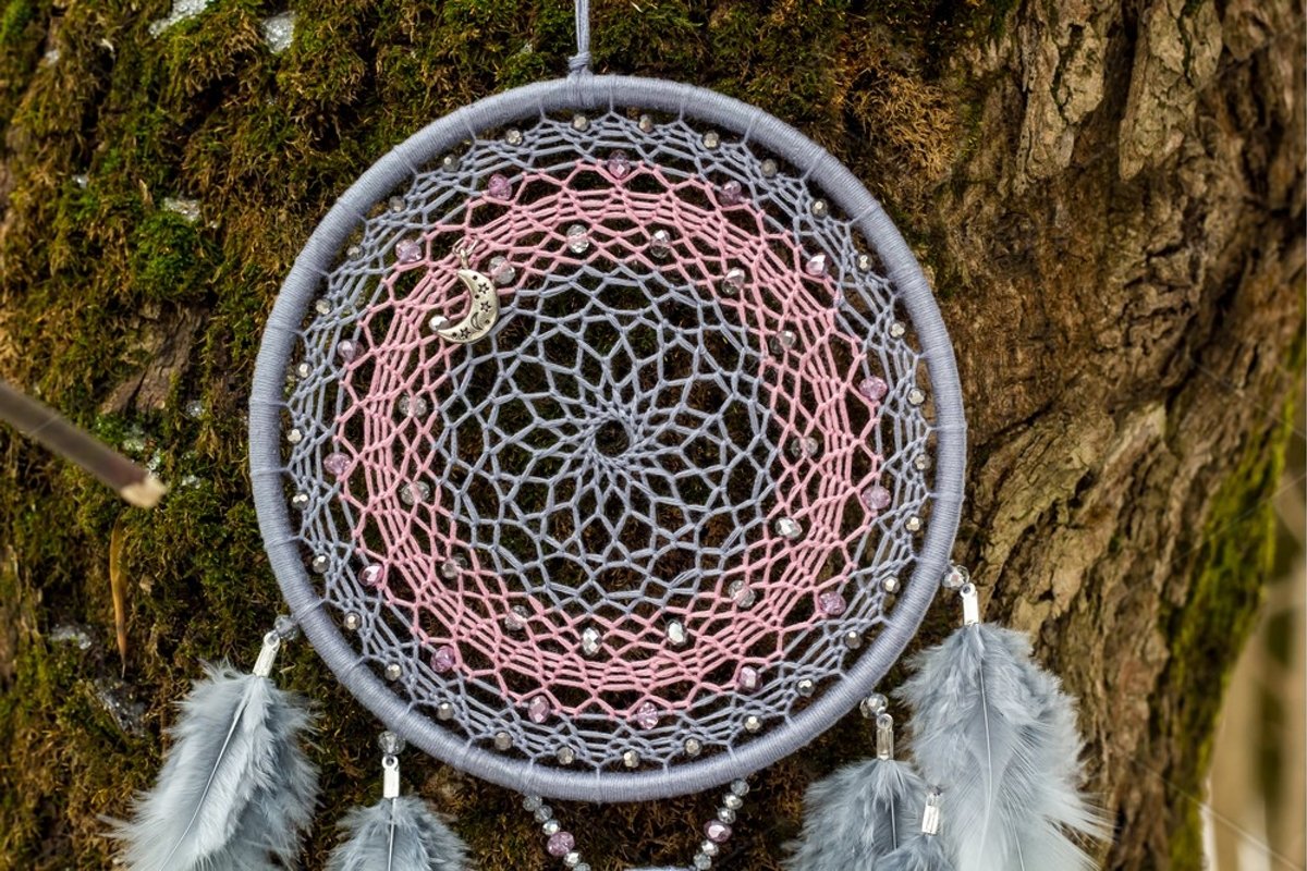 Dream catcher with feathers threads and beads rope hanging example image 1