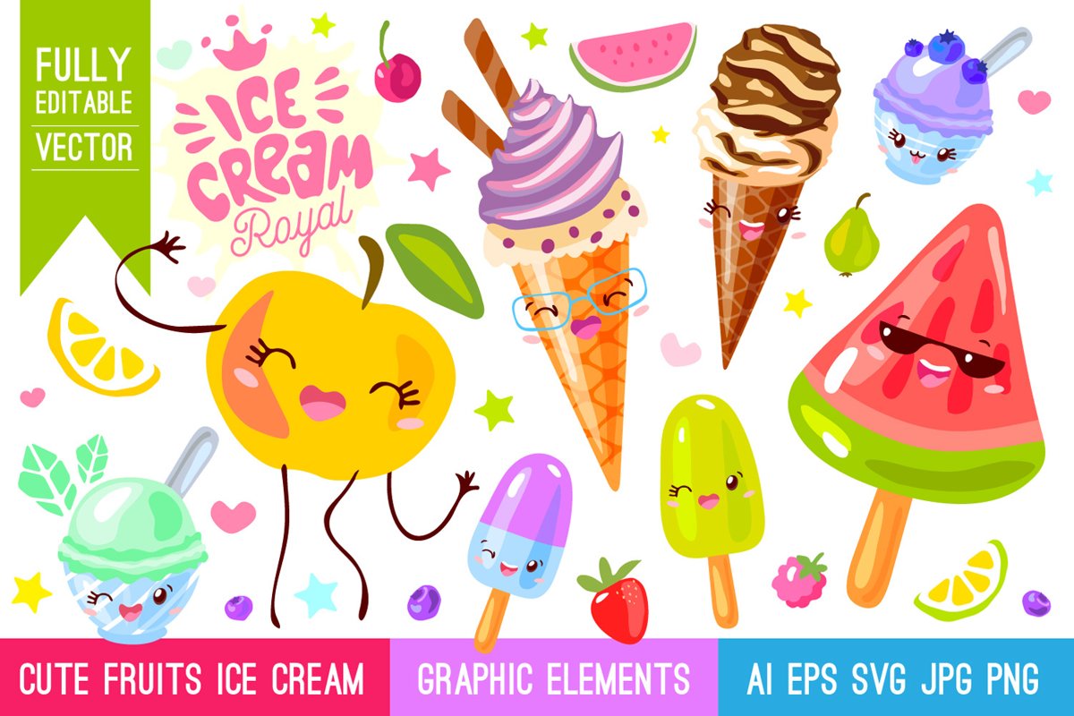 Cute Fruits Ice Cream Characters example image 1