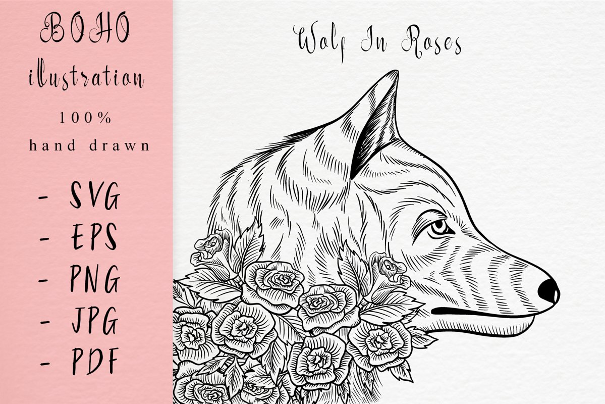 Boho illustration /Wolf With roses example image 1