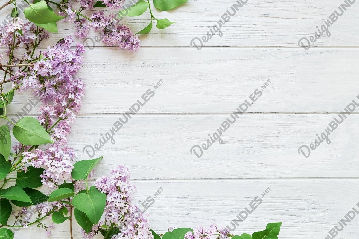 Left lilac border on a white aged wooden background example image 1