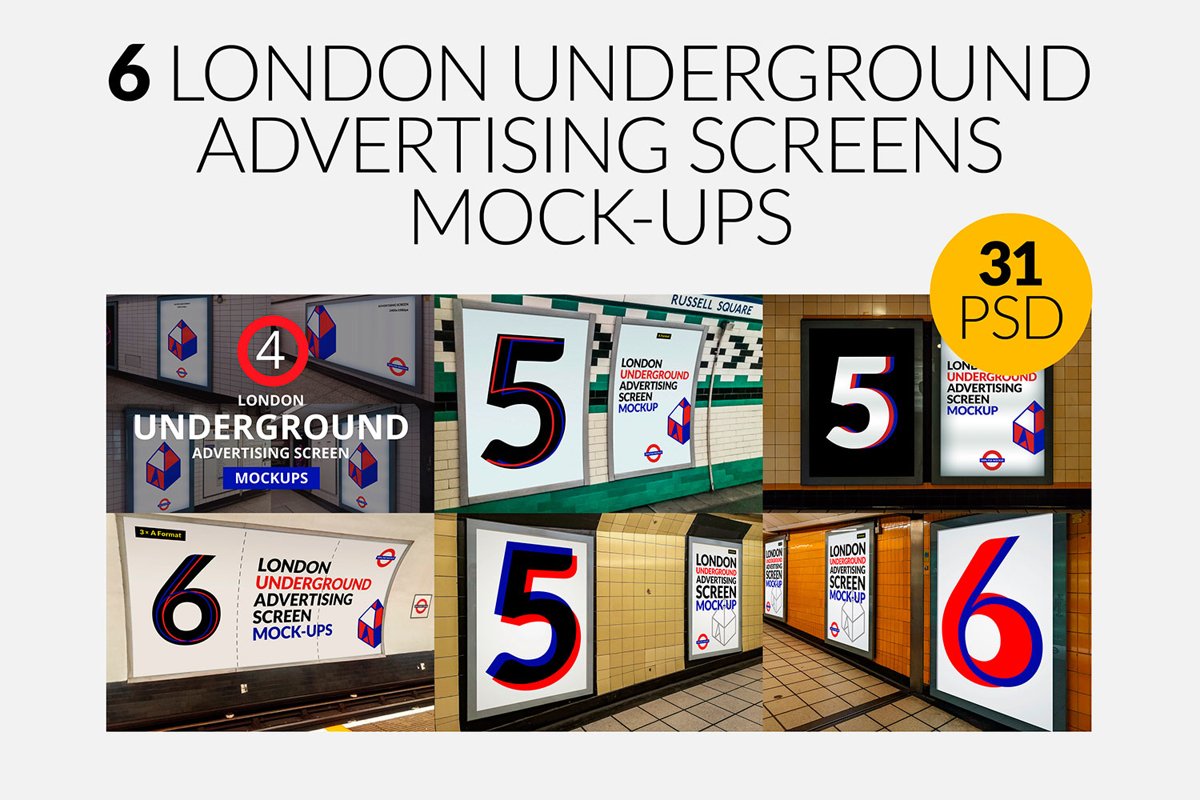 6 London Underground Ad Screen Mock-Ups Bundle / 31 PSD example image 1