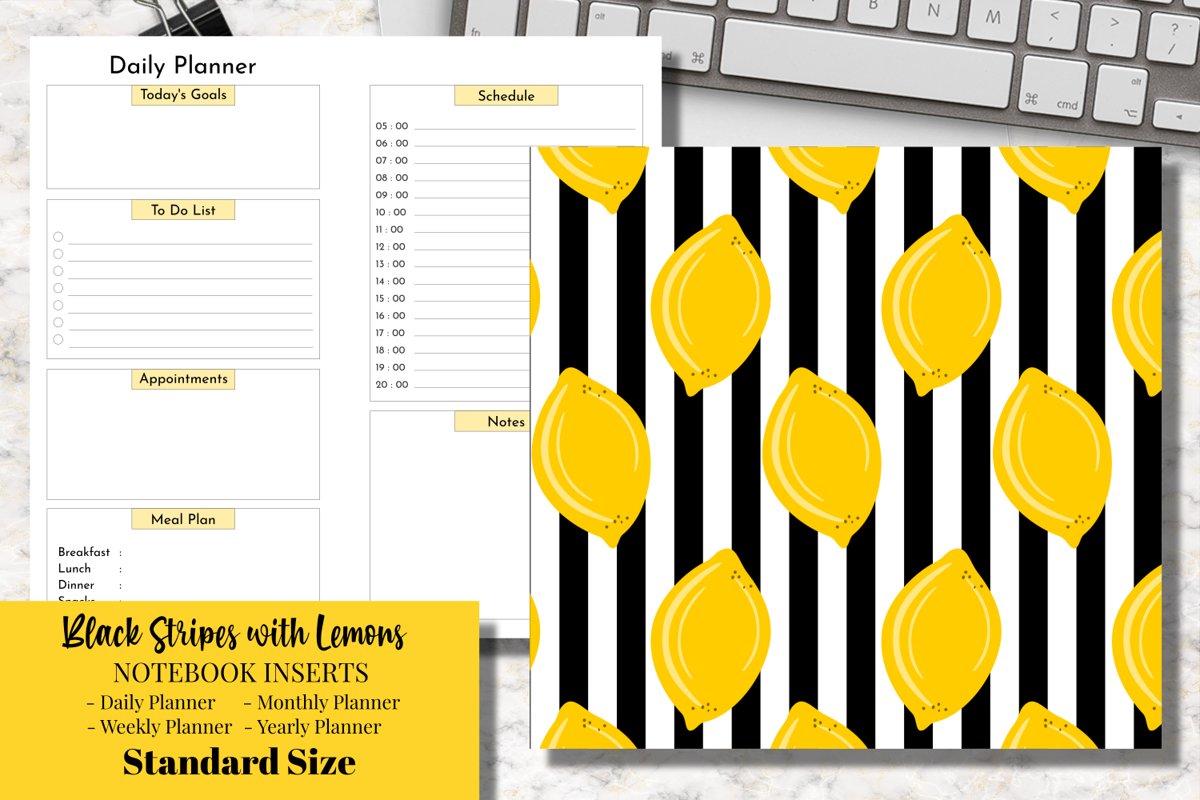 Black Stripes with Lemons Standard Size Notebook Inserts example image 1