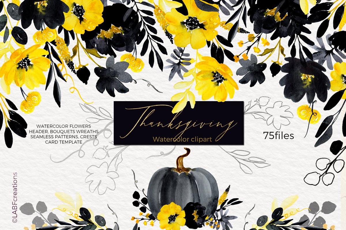 Thanksgiving. Black & Yellow Watercolor flowers example image 1