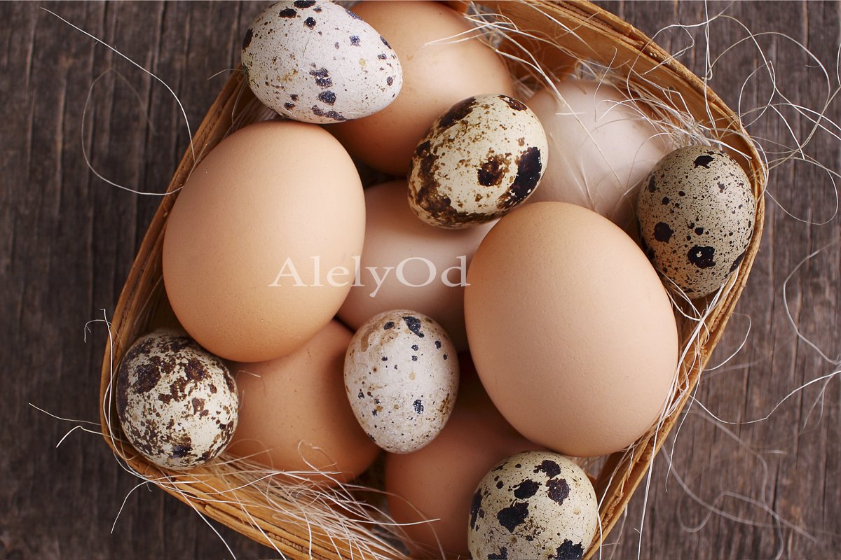 Quail and chicken eggs in a basket example image 1