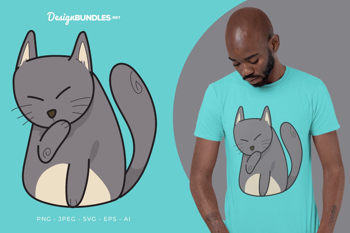 Grey Cat Licking Hand Vector Illustration For T-Shirt Design example image 1
