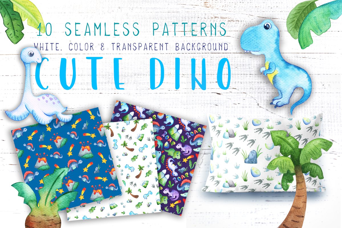 Watercolor Dinosaur Seamless Pattern Collection example image 1